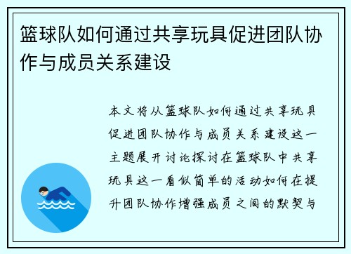 篮球队如何通过共享玩具促进团队协作与成员关系建设